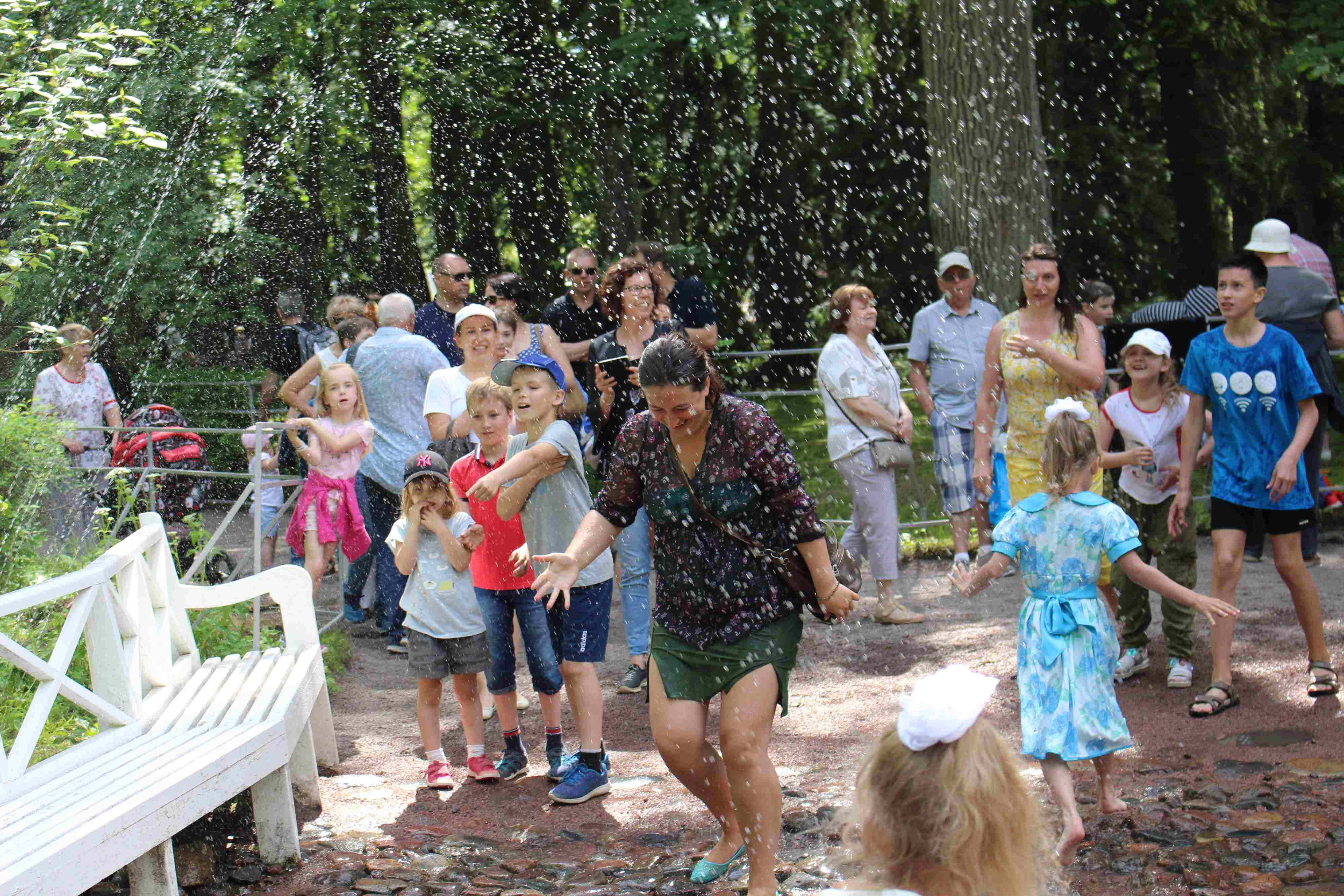 Water display in Peterhof park with fountains